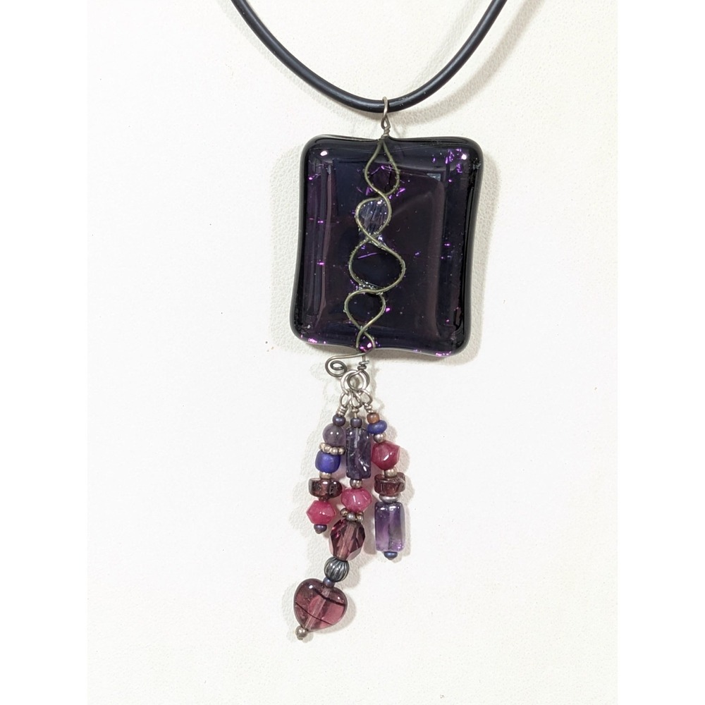 Artisan Fused Glass Pendant Necklace Black Purple Wire Wrapped Heart Charm 18"